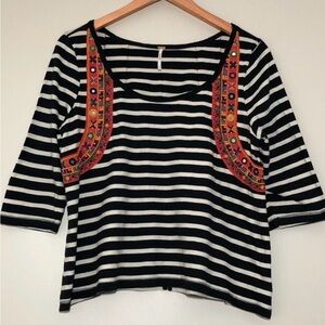 Free People Black and White Striped Blouse with Colorful Embroidery